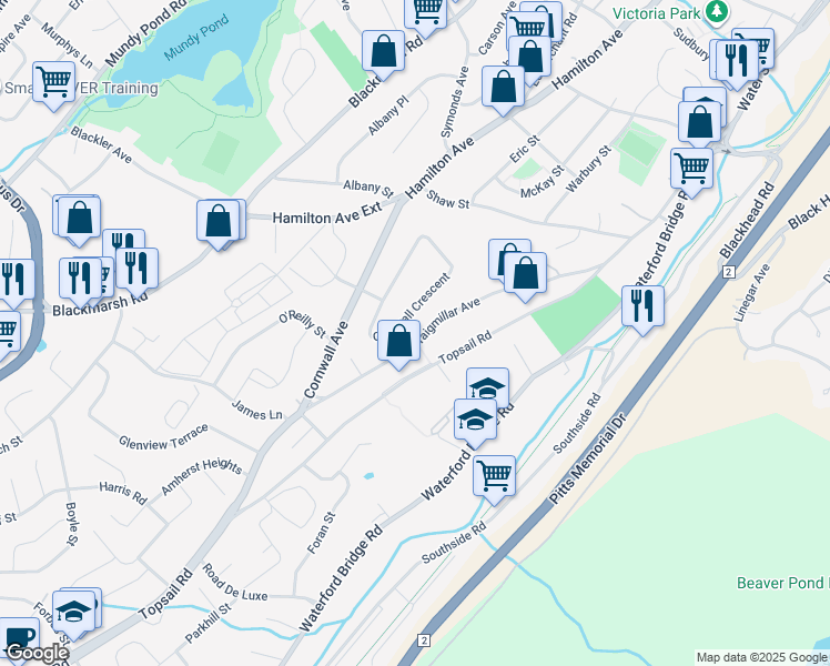 map of restaurants, bars, coffee shops, grocery stores, and more near 120 Craigmillar Avenue in St. John's