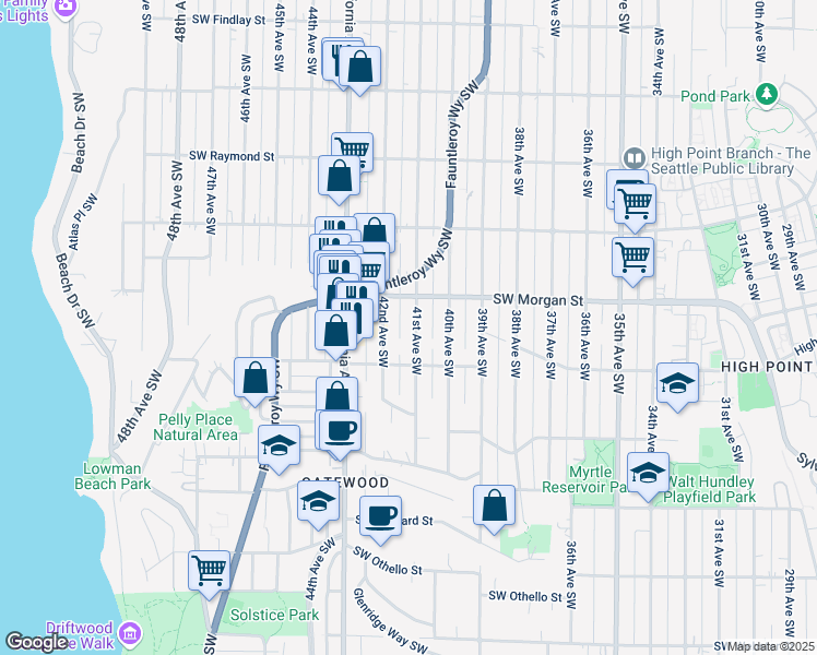 map of restaurants, bars, coffee shops, grocery stores, and more near 6527 41st Avenue Southwest in Seattle