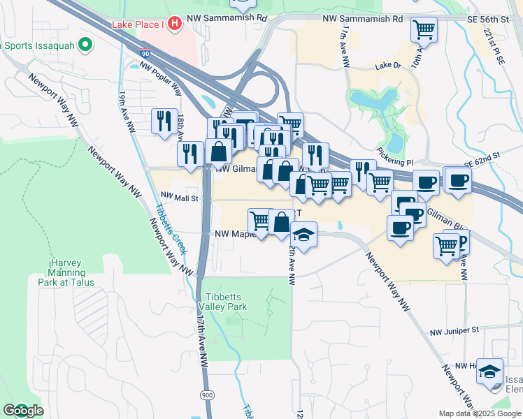 map of restaurants, bars, coffee shops, grocery stores, and more near 1375 Northwest Mall Street in Issaquah