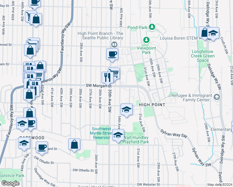 map of restaurants, bars, coffee shops, grocery stores, and more near 6525 34th Avenue Southwest in Seattle