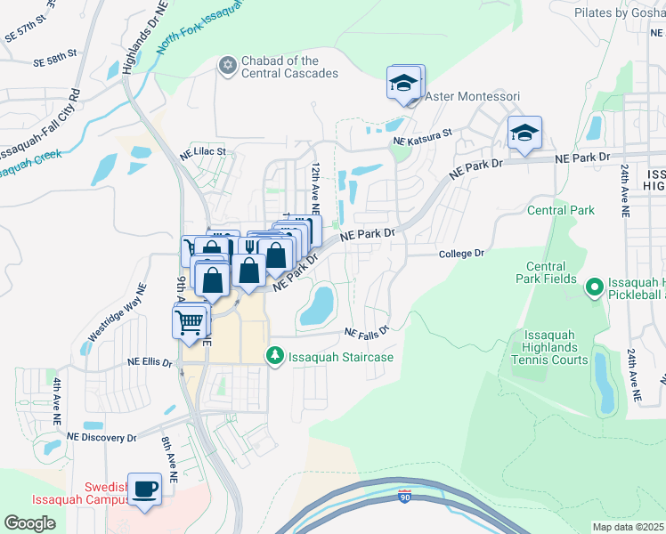 map of restaurants, bars, coffee shops, grocery stores, and more near 1247 Northeast Hickory Lane in Issaquah