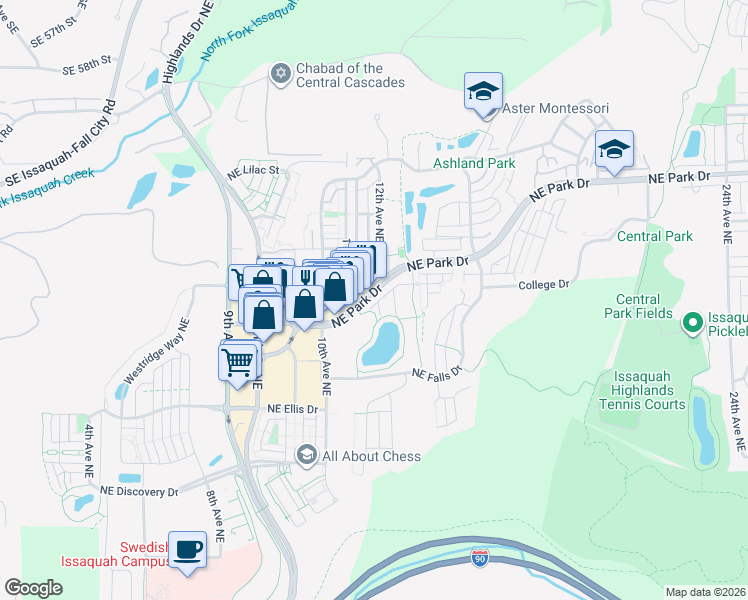 map of restaurants, bars, coffee shops, grocery stores, and more near 1087 Northeast Hickory Lane in Issaquah