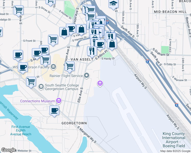 map of restaurants, bars, coffee shops, grocery stores, and more near 6605 13th Ave S in Seattle