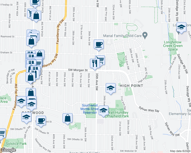 map of restaurants, bars, coffee shops, grocery stores, and more near 6520 35th Avenue Southwest in Seattle