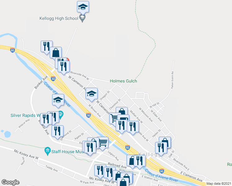 map of restaurants, bars, coffee shops, grocery stores, and more near 414 Mullan Avenue West in Kellogg