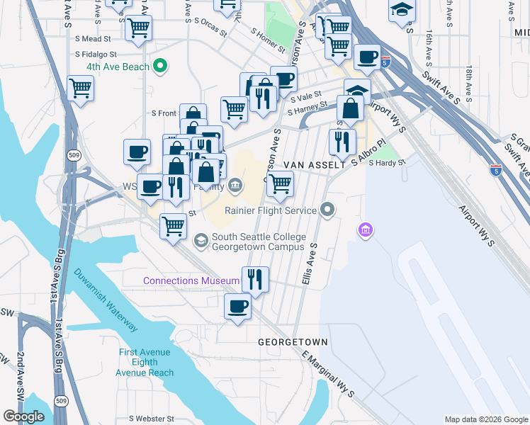 map of restaurants, bars, coffee shops, grocery stores, and more near 6610 Corson Avenue South in Seattle
