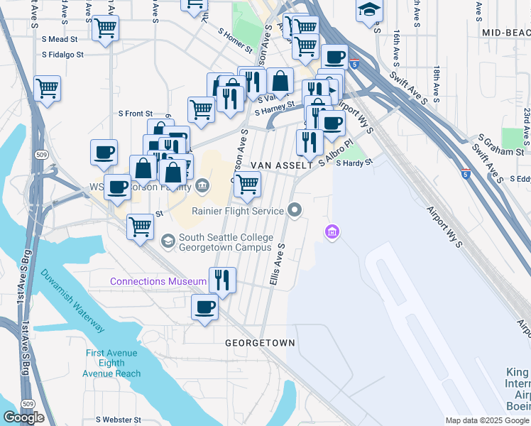 map of restaurants, bars, coffee shops, grocery stores, and more near 6603 Flora Avenue South in Seattle