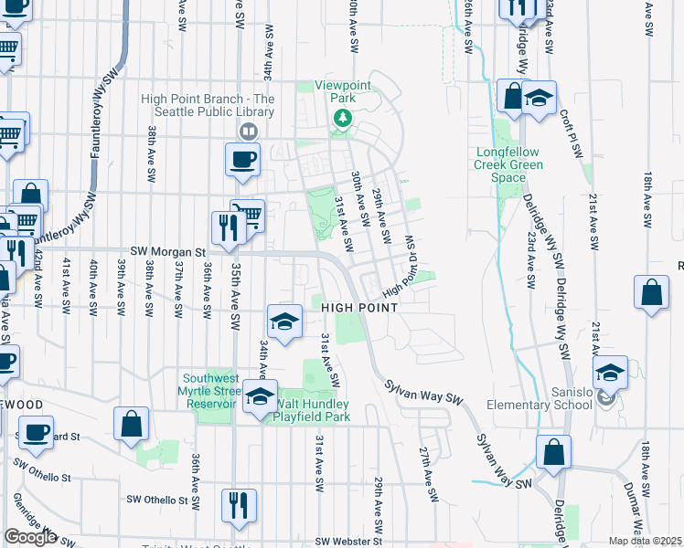 map of restaurants, bars, coffee shops, grocery stores, and more near 6535 Southwest Morgan Street in Seattle