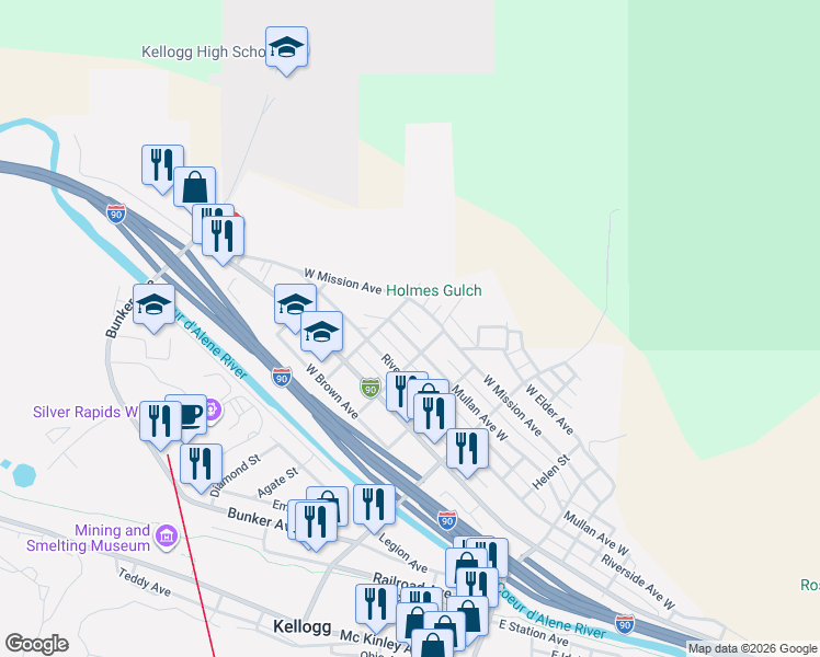 map of restaurants, bars, coffee shops, grocery stores, and more near 414 Mullan Avenue West in Kellogg