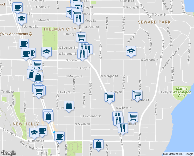 map of restaurants, bars, coffee shops, grocery stores, and more near 6509 Rainier Avenue South in Seattle