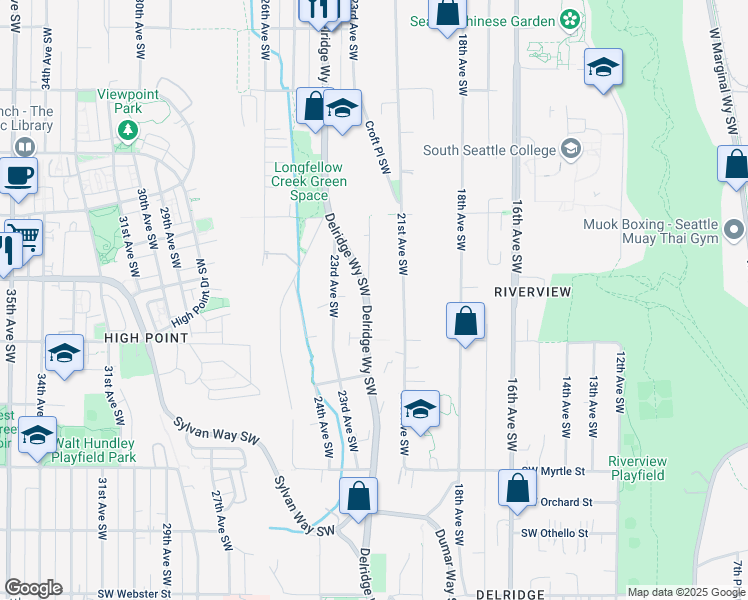 map of restaurants, bars, coffee shops, grocery stores, and more near 6512 Delridge Way Southwest in Seattle