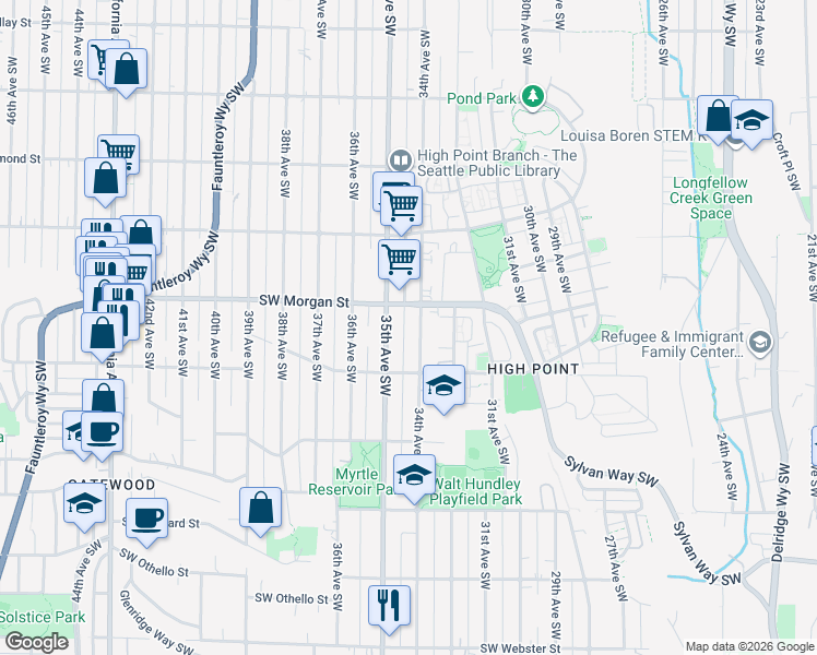 map of restaurants, bars, coffee shops, grocery stores, and more near 6520 35th Avenue Southwest in Seattle