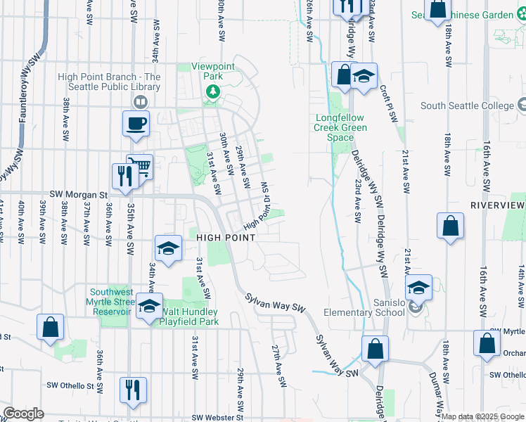 map of restaurants, bars, coffee shops, grocery stores, and more near 6515 High Point Drive Southwest in Seattle