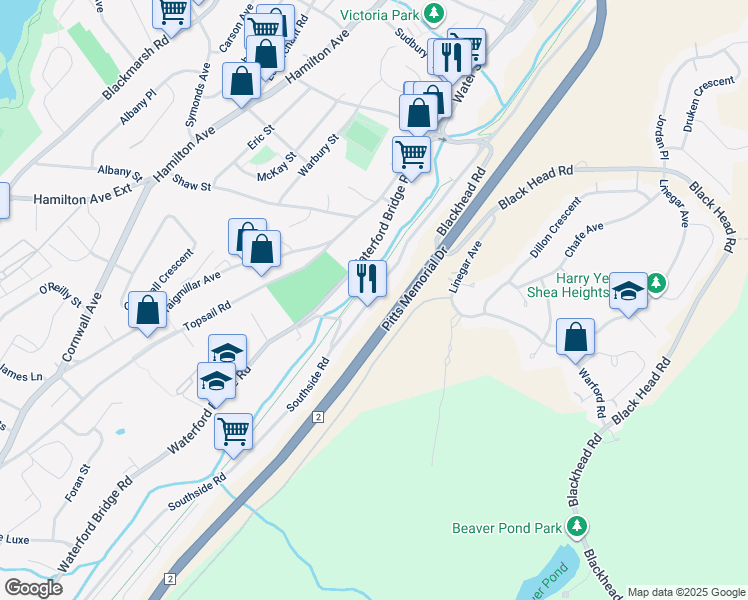 map of restaurants, bars, coffee shops, grocery stores, and more near 519A Southside Road in St. John's
