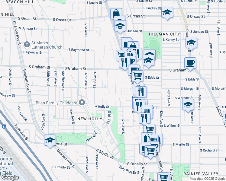 map of restaurants, bars, coffee shops, grocery stores, and more near 3525 South Morgan Street in Seattle