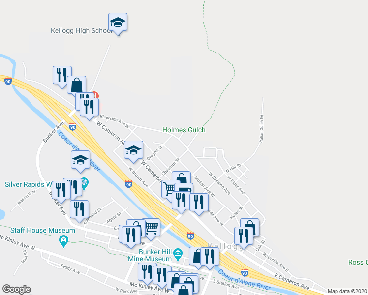 map of restaurants, bars, coffee shops, grocery stores, and more near 403 West Mission Avenue in Kellogg