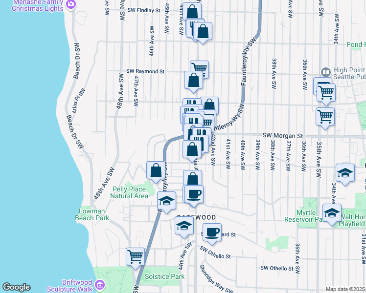 map of restaurants, bars, coffee shops, grocery stores, and more near 6520 44th Avenue Southwest in Seattle