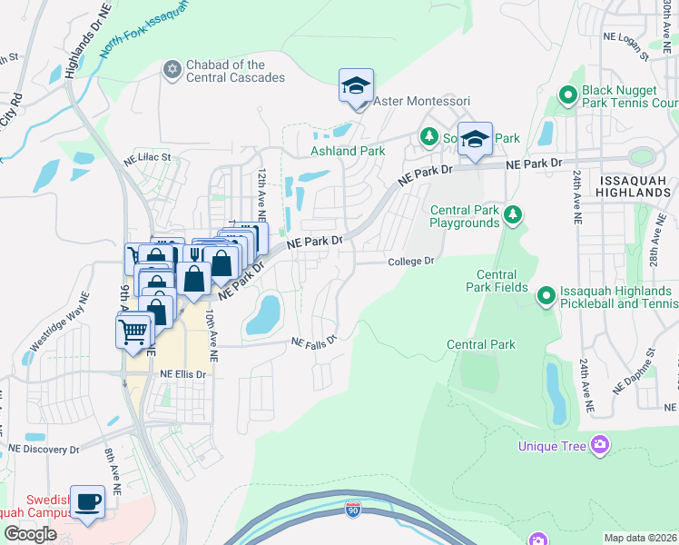 map of restaurants, bars, coffee shops, grocery stores, and more near 1695 14th Place Northeast in Issaquah