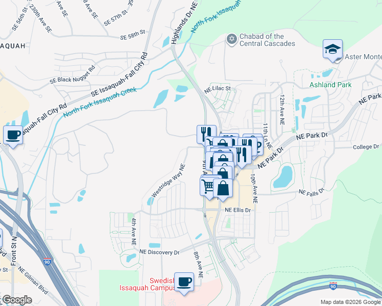 map of restaurants, bars, coffee shops, grocery stores, and more near 910 NE High St in Issaquah