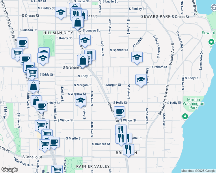 map of restaurants, bars, coffee shops, grocery stores, and more near 6506 48th Avenue South in Seattle