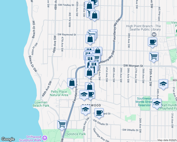 map of restaurants, bars, coffee shops, grocery stores, and more near 6520 44th Avenue Southwest in Seattle