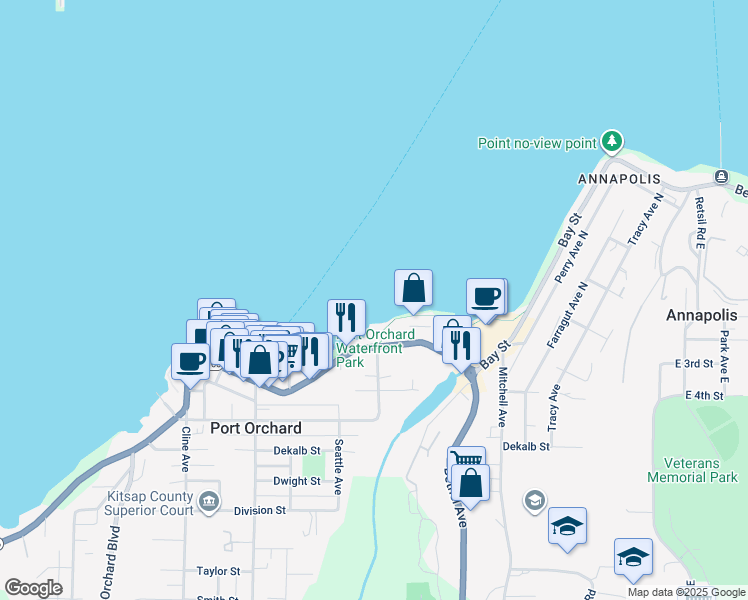 map of restaurants, bars, coffee shops, grocery stores, and more near 1121 Bay Street in Port Orchard