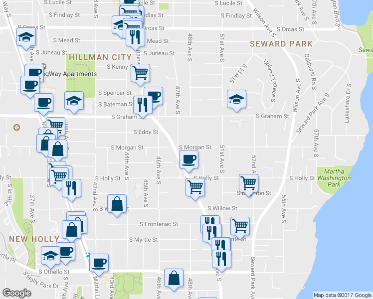 map of restaurants, bars, coffee shops, grocery stores, and more near 6506 48th Avenue South in Seattle