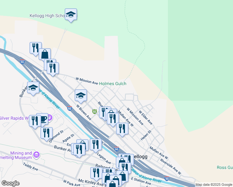 map of restaurants, bars, coffee shops, grocery stores, and more near 324 Mission Avenue in Kellogg