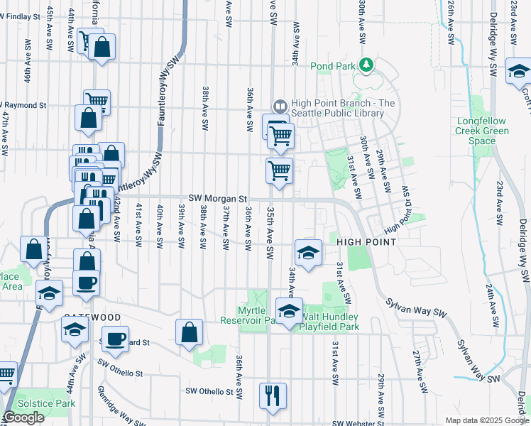 map of restaurants, bars, coffee shops, grocery stores, and more near 6522 36th Avenue Southwest in Seattle
