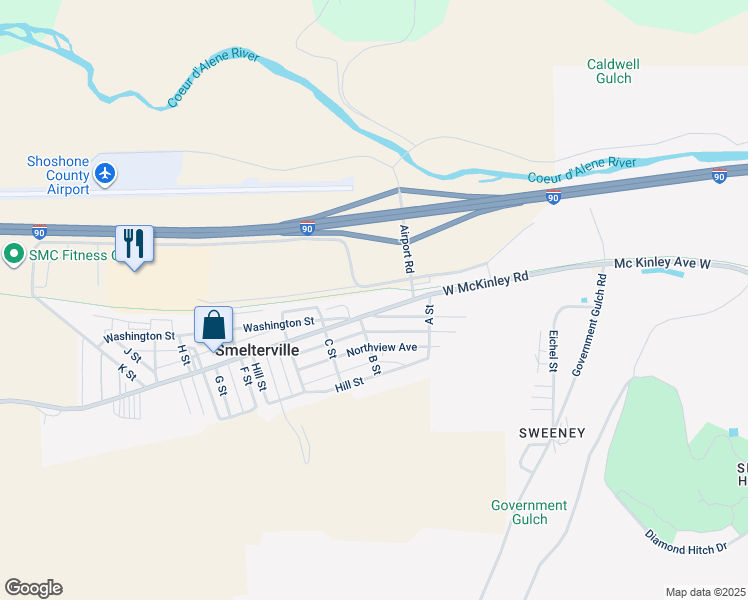map of restaurants, bars, coffee shops, grocery stores, and more near 120 Main Street in Smelterville