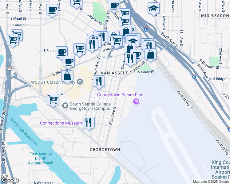 map of restaurants, bars, coffee shops, grocery stores, and more near 6525 Ellis Avenue South in Seattle