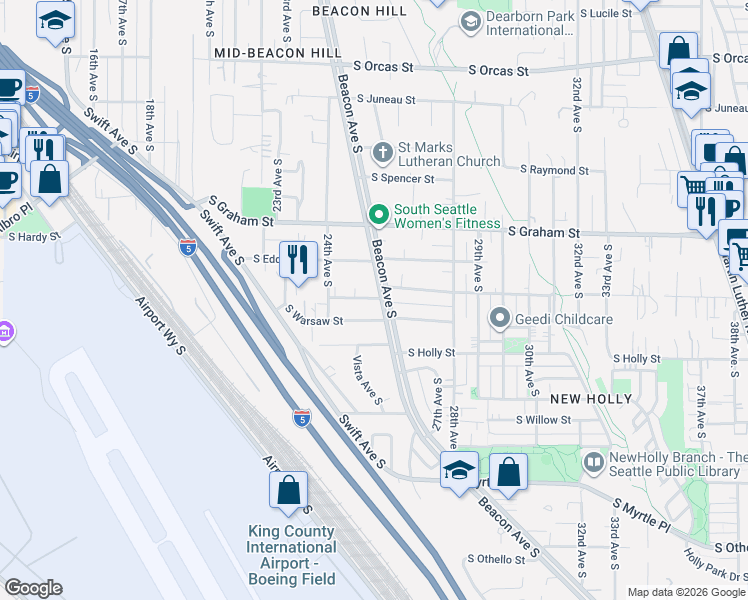map of restaurants, bars, coffee shops, grocery stores, and more near 2435 South Morgan Street in Seattle