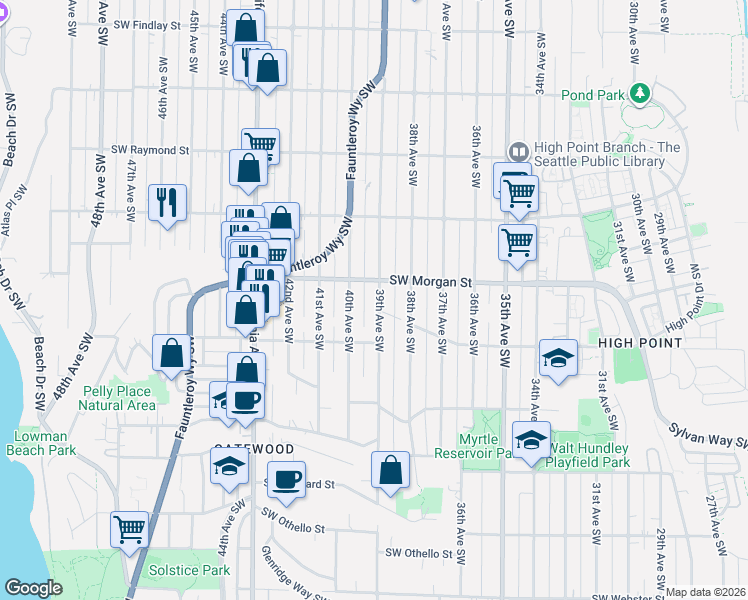 map of restaurants, bars, coffee shops, grocery stores, and more near 6527 39th Avenue Southwest in Seattle