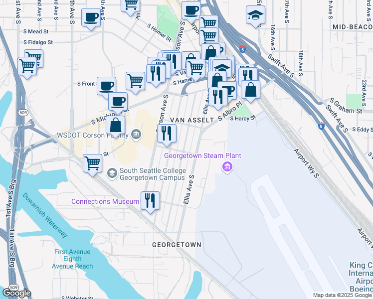 map of restaurants, bars, coffee shops, grocery stores, and more near 6448 Flora Avenue South in Seattle