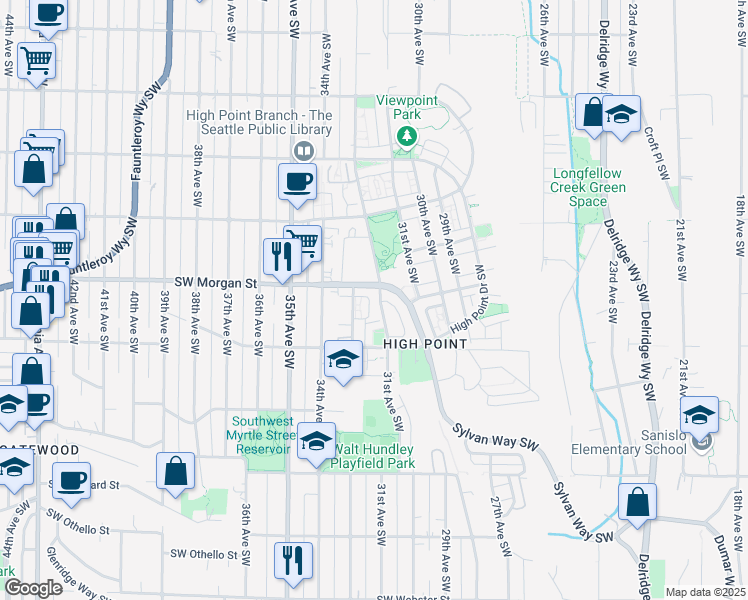 map of restaurants, bars, coffee shops, grocery stores, and more near 6505 31st Avenue Southwest in Seattle