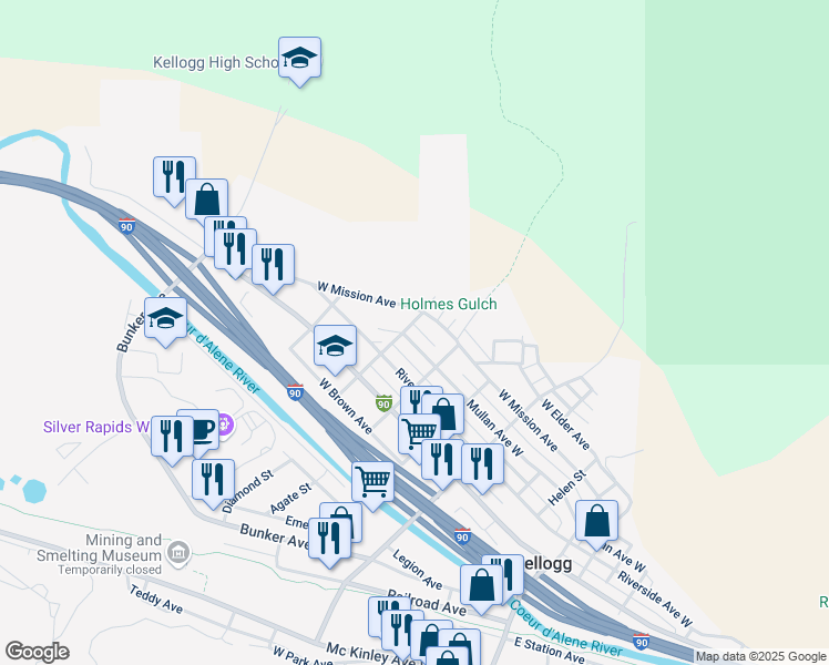 map of restaurants, bars, coffee shops, grocery stores, and more near 414 Mullan Avenue West in Kellogg