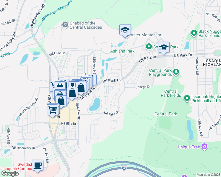 map of restaurants, bars, coffee shops, grocery stores, and more near 1371 Northeast Hickory Lane in Issaquah
