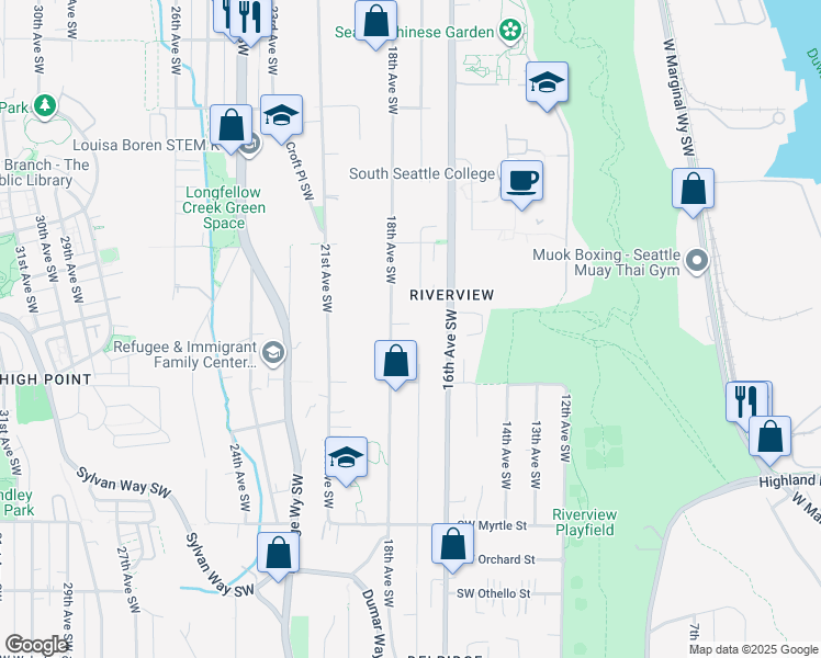 map of restaurants, bars, coffee shops, grocery stores, and more near 6510 18th Avenue Southwest in Seattle