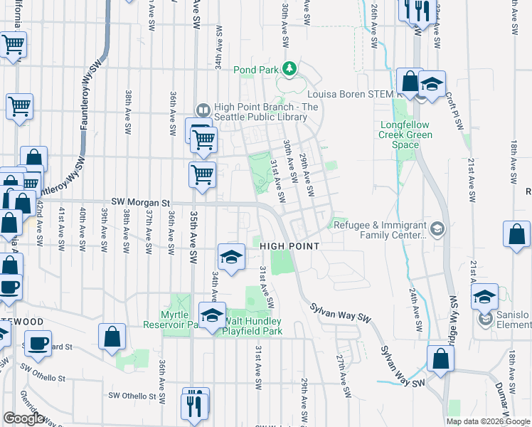 map of restaurants, bars, coffee shops, grocery stores, and more near 6535 Southwest Morgan Street in Seattle