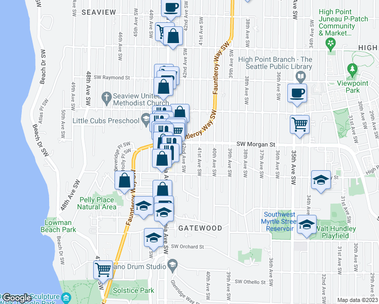 map of restaurants, bars, coffee shops, grocery stores, and more near 6527 41st Avenue Southwest in Seattle