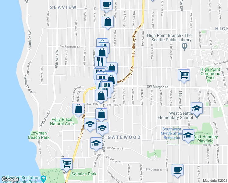 map of restaurants, bars, coffee shops, grocery stores, and more near 6531c Parshall Place Southwest in Seattle