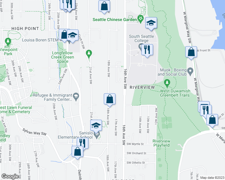 map of restaurants, bars, coffee shops, grocery stores, and more near 6510 18th Avenue Southwest in Seattle
