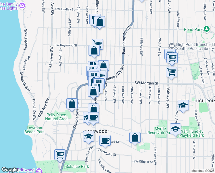 map of restaurants, bars, coffee shops, grocery stores, and more near 6527 41st Avenue Southwest in Seattle