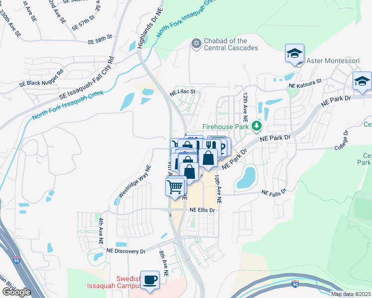 map of restaurants, bars, coffee shops, grocery stores, and more near Highlands Drive Northeast & Northeast High Street in Issaquah