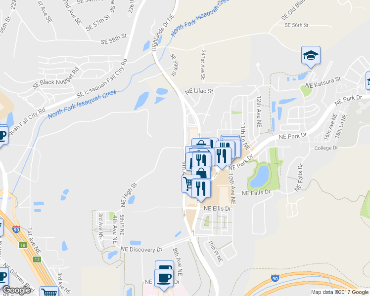 map of restaurants, bars, coffee shops, grocery stores, and more near Northeast High Street in Issaquah