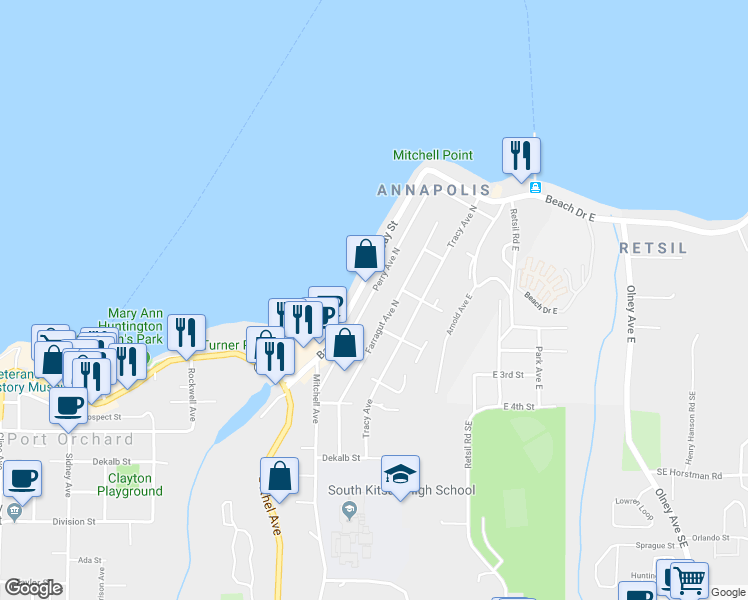 map of restaurants, bars, coffee shops, grocery stores, and more near 325 Perry Avenue North in Port Orchard