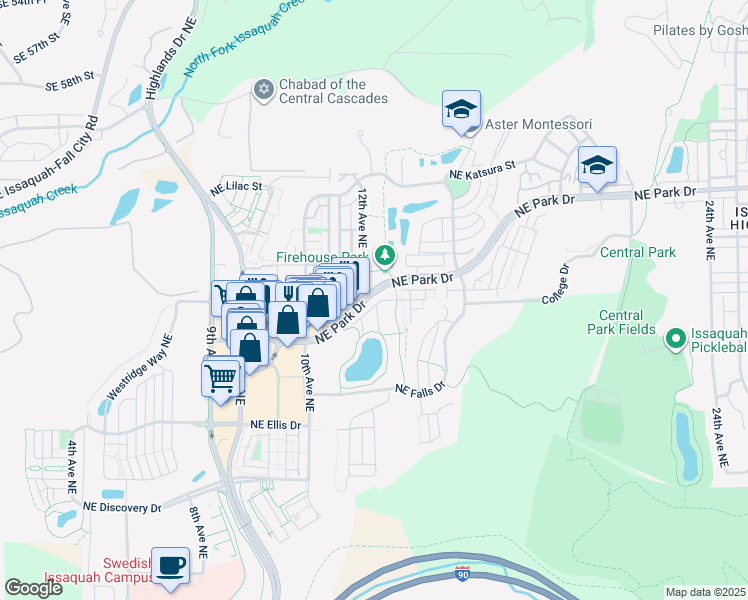map of restaurants, bars, coffee shops, grocery stores, and more near 1247 Northeast Hickory Lane in Issaquah