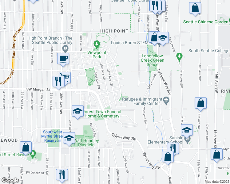 map of restaurants, bars, coffee shops, grocery stores, and more near 2817 Southwest Morgan Street in Seattle