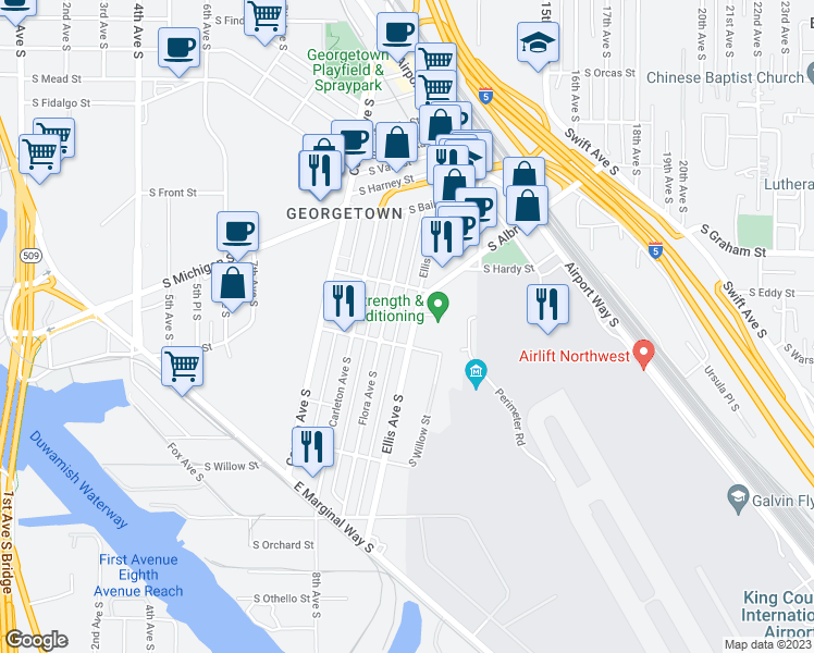 map of restaurants, bars, coffee shops, grocery stores, and more near 6525 Ellis Avenue South in Seattle