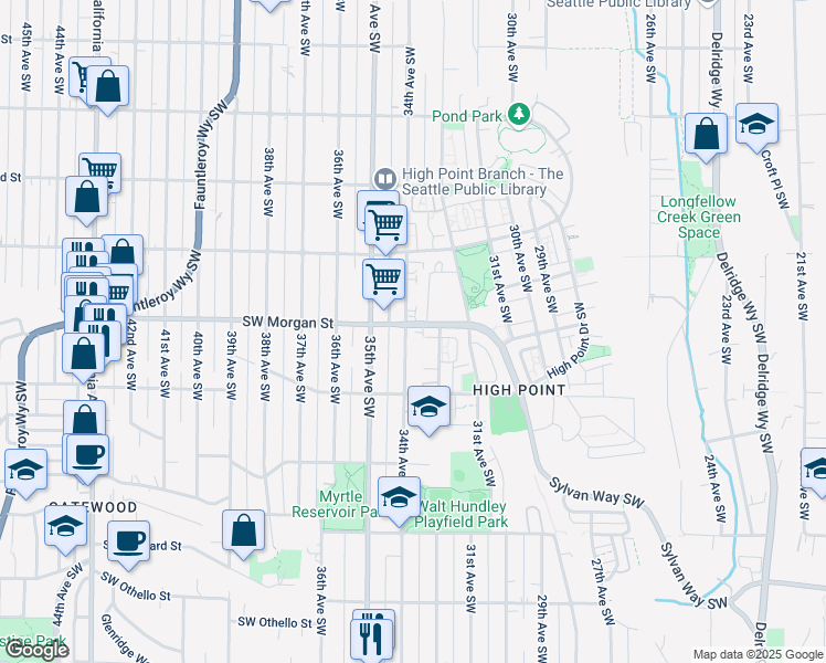 map of restaurants, bars, coffee shops, grocery stores, and more near 6520 34th Avenue Southwest in Seattle